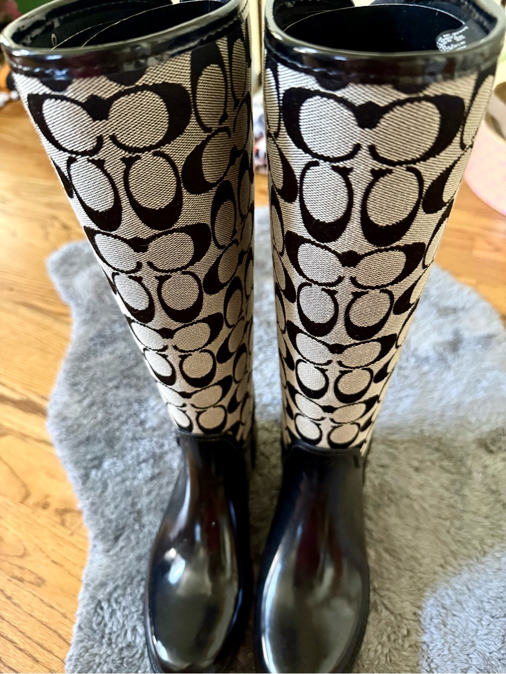 Coach Black and Cream Signature Lace-Up Tall Rain Boots